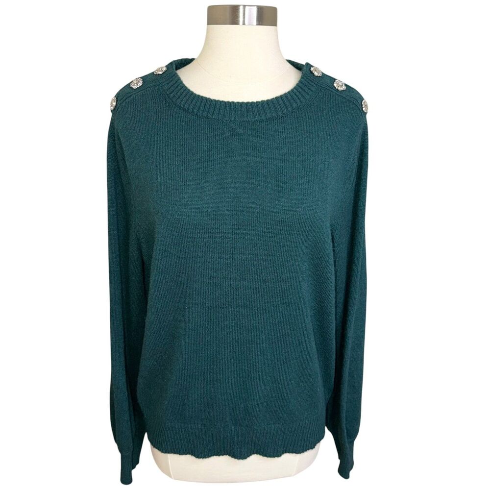J.Crew Sweater XL Lambswool Blend Jeweled Button Shoulders Dark Green